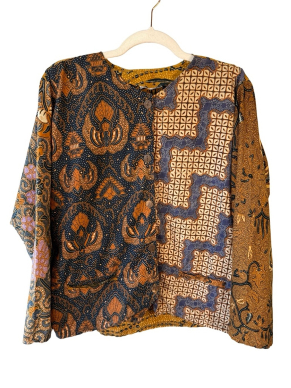 Handmade Patterned Patchwork Batik Top in Mustard & Navy Size M or L Global